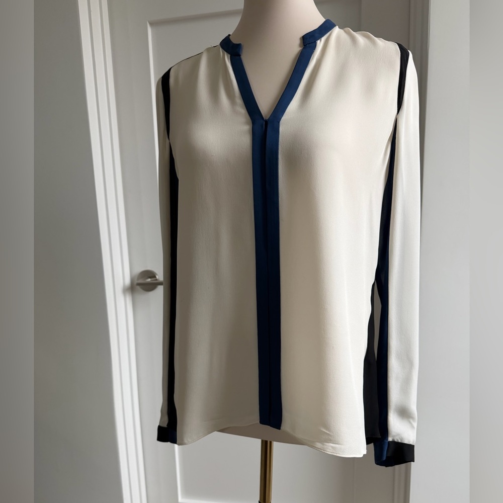 Elie Tahari Cream, Blue and Black Color Block Long Sleeve Mandarin Collar Blouse